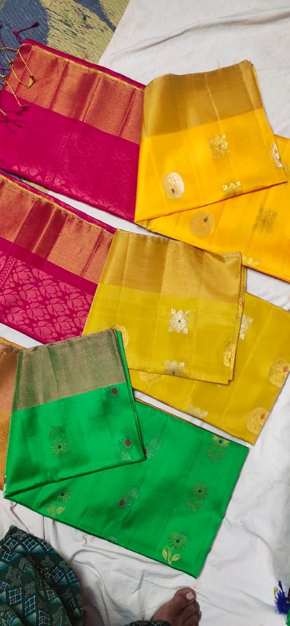Zari butta soft silk sarees in rani pink, yellow and green from our looms